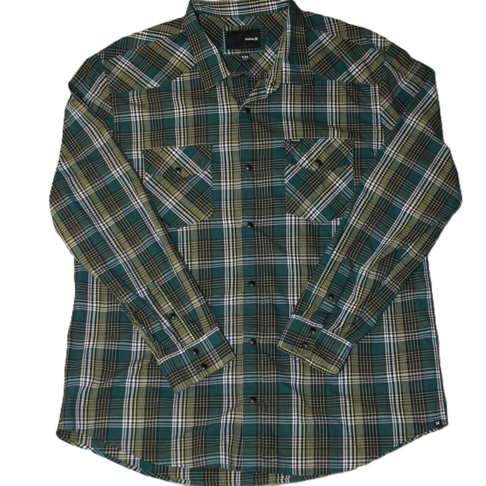 Hurley Shirt Mens 2XL Green Button Up Long Sleeve Plaid Pockets Snap Closure